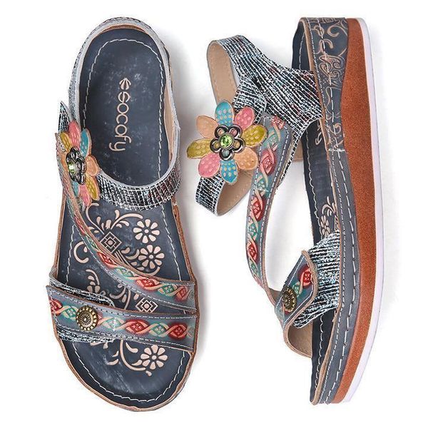 

sandals women retro floral stitching ankle strap flat, Black