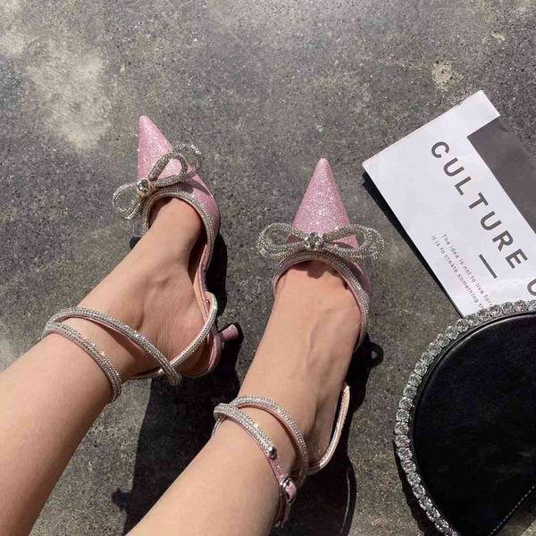 

sandals elegant women pointed toe rhinestone bow ankle strap thin high heels shining bling party pumps wedding b86x, Black