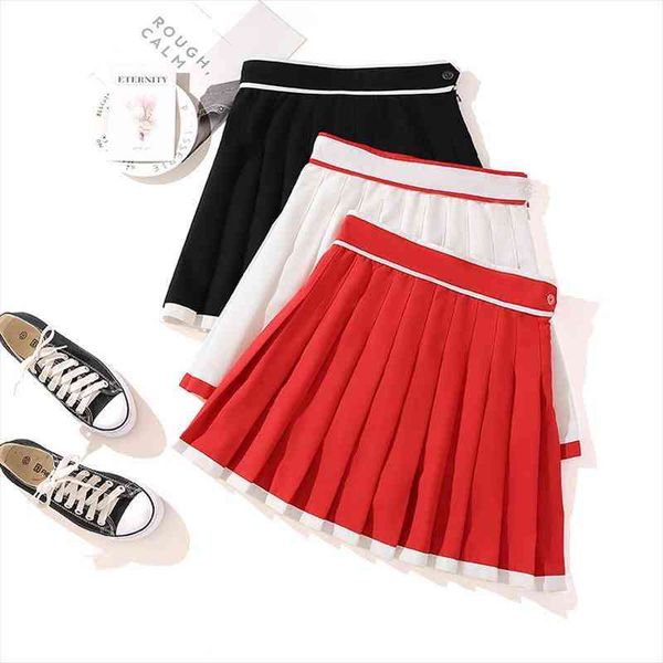 

contrast color pleated skirt women thin a-line skirt high waist show thin campus style short women, Black
