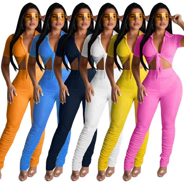 

women's tracksuits women two pieces sets summer short sleeve tie up crop stacked bell bottom ruched pants suit fitness outfits 2pcs bm1, Gray