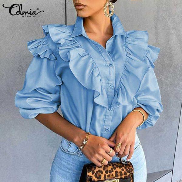 

women's blouses & shirts blouses celmia fashion ruffled blouse women elegant puff sleeve ol spring casual buttons solid blusas plus si, White
