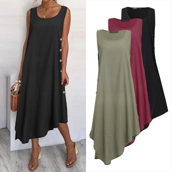 

fashion beach summer long women dress sleeveless vest casual asymmetrical sundress solid loose maxi robe 7, Black;gray