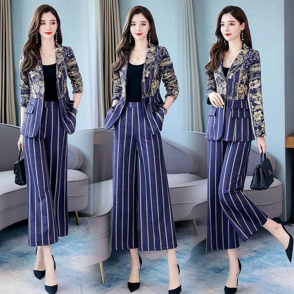

korean printed suit fashion ol temperament suede two piece for women in autumn of 2021 women's pants, White