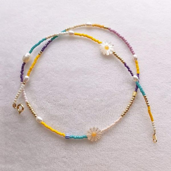 

chokers bohemian colorful beads necklace natural freshwater pearl embellishment for women daisy flower short jewelry gifts girls, Golden;silver