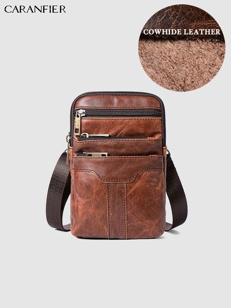 

waist bags caranfier mens packs vintage small multi function shoulder crossbody bag genuine cowhide leather zipper male bookbags