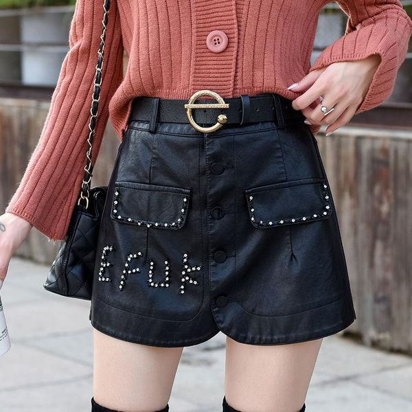 

women's shorts autumn winter casual high waist wide leg korean solid pu faux leather ladies sashes sequined loose c273, White;black