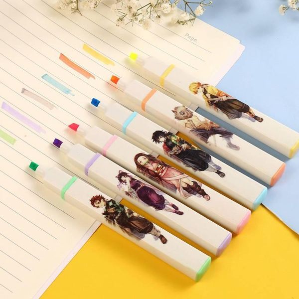 

highlighters 6pcs anime demon slayer kimetsu no yaiba kamado highlighter pen marker brush pens fluorescent drawing kids stationery gift, Black;red