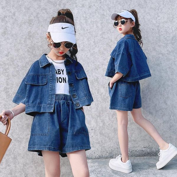 

fashion teen girls denim clothing set summer short jacket shorts jeans two pieces thin solid color children tracksuits sets, White