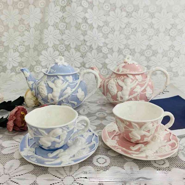 

european style cup saucer luxurious embossed lovely ceramic afternoon tea teapot simple high-end coffee set