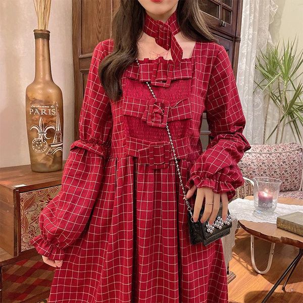 

casual dresses japan style sweet autumn winter women dress dark red plaid patchwork square collar fugitive princess female bing, Black;gray