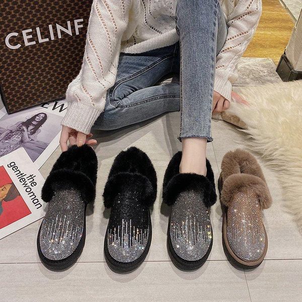

crystal bling ankle boots for women shoes woman warm plush snow flat soft sole slip on winter botas mujer plus size, Black