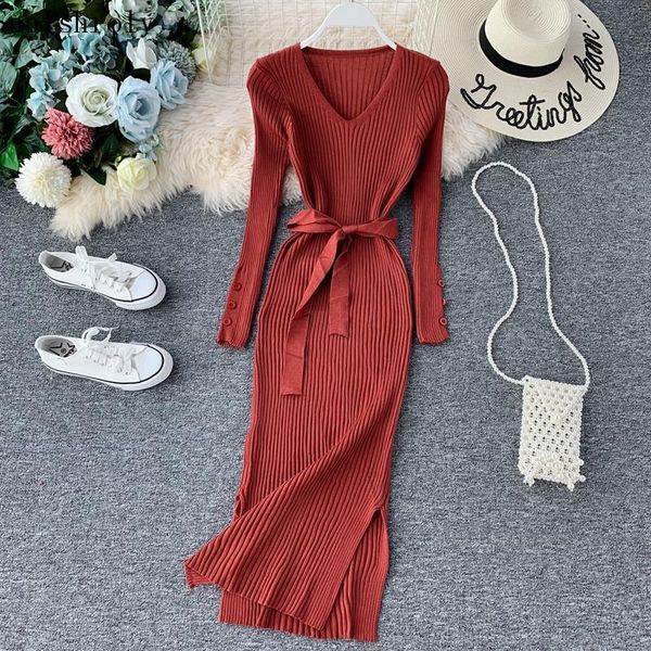 

casual dresses v neck sheath sweater dress 2021 autumn winter women split tie bow knitted ladies slim long sleeve bodycon, Black;gray