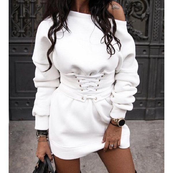 

women mini dress fall winter fashion casual o neck high waist long sleeve lace up black white sweatshirt dresses, Black;gray