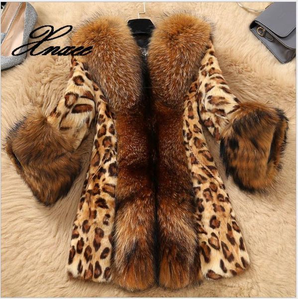 

women's leather & faux autumn and winter imitation fur ladies coat braid hair collar classic leopard long female 3xl emzw, Black