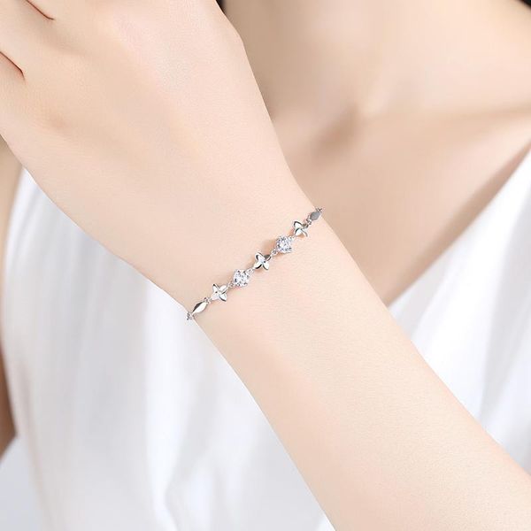 

bangle vc-38 s925 sterling silver four-leaf clover bracelet women with grade zircons korean fashion, Black