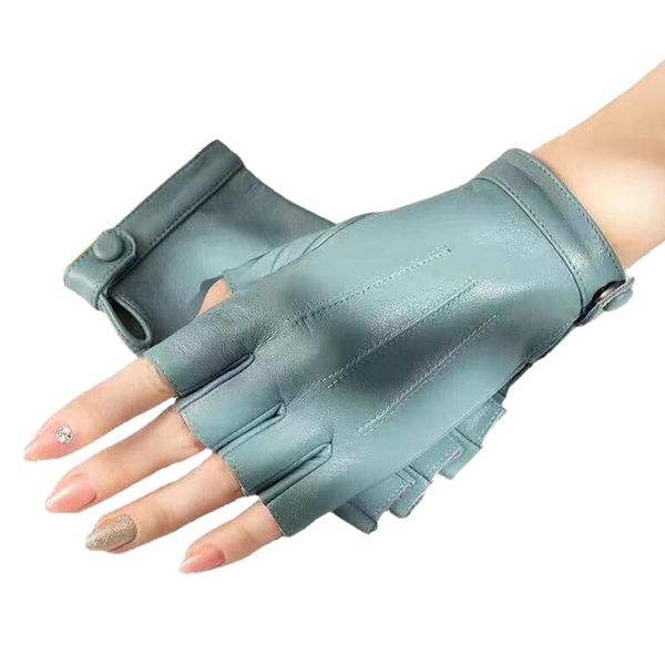 

five fingers gloves women locomotive motorcycle semi-finger genuine leather glove fashion goatskin half finger, Blue;gray