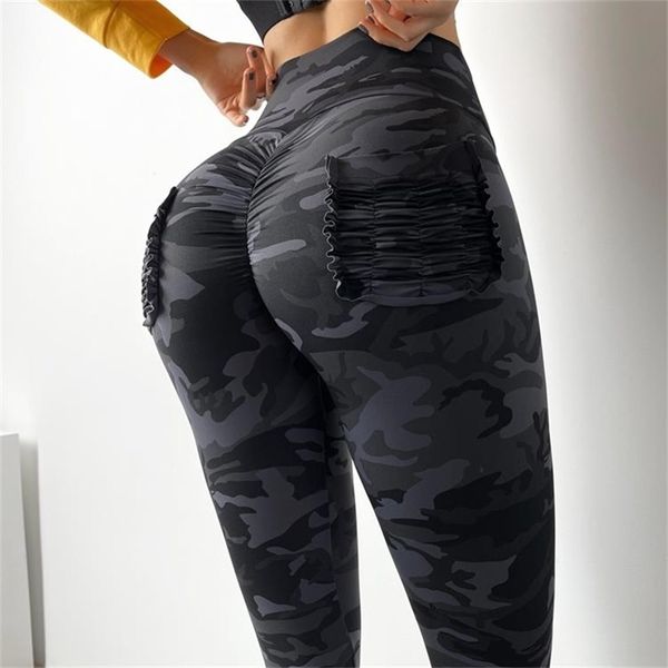 

2021 camouflage sports pants with pocket high waist yoga leggings women scrunch butt workout fitness trousers gym running tights, Black;white