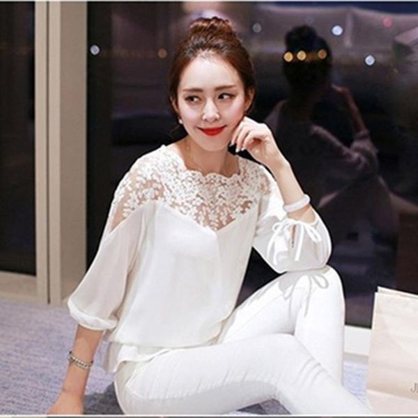 

summer feminine blouse women casual chiffon lace version loose stitching blusa feminina shirt 706466 large size 2xl women's blouses & s, White