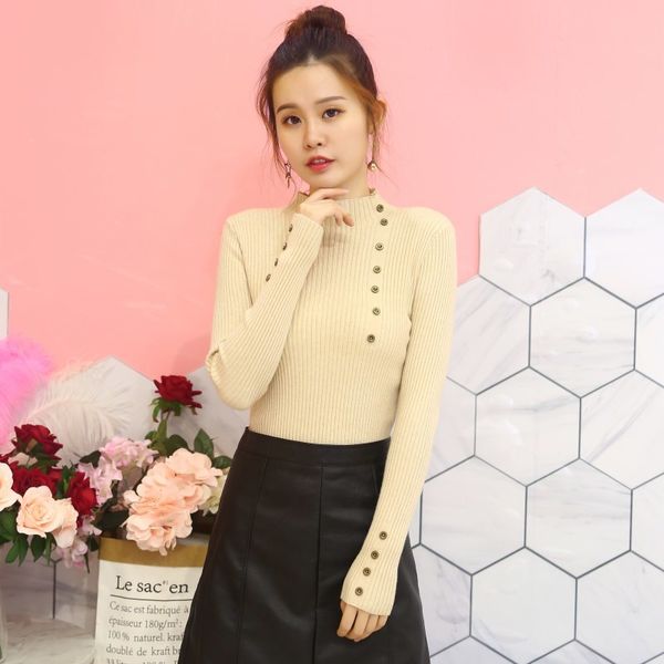 

button autumn winter women knitted turtleneck sweater soft jumper badycon fashion slim femme elasticity pullovers skinny 210417, White;black