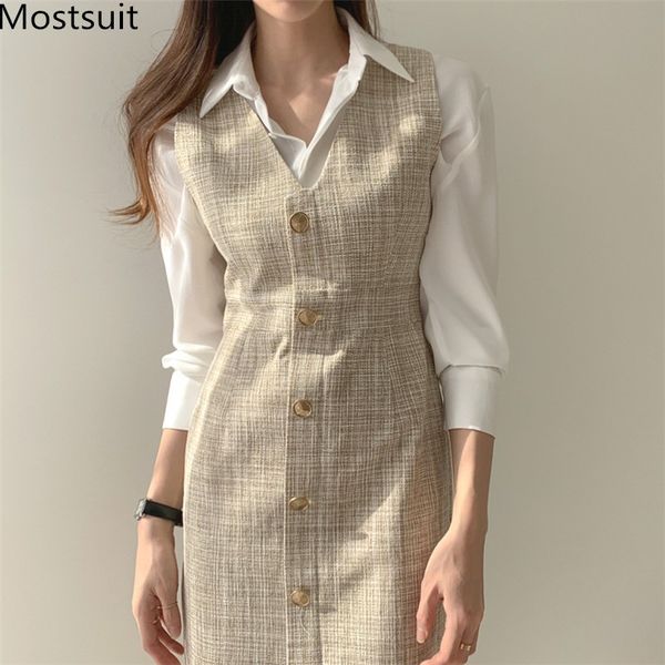 

spring korean office two piece set women white shirt + single-breasted sleeveless long dress elegant female suits outfits 210518