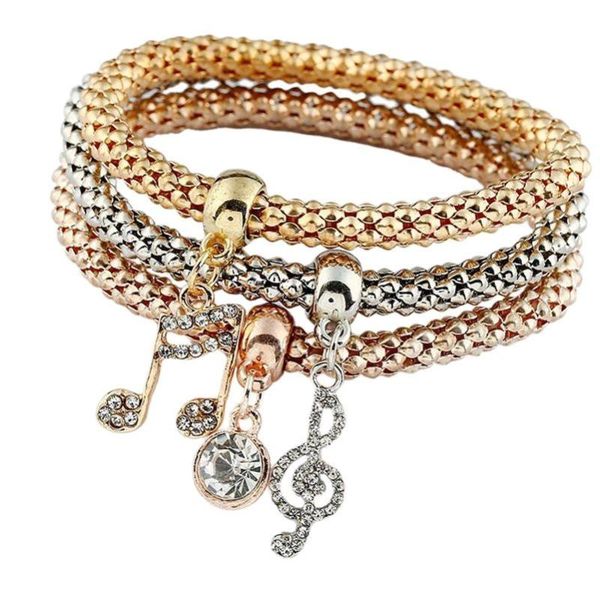 

charm bracelets 3 pcs/set fashion rhinestone musical note lock key charms bangle & bracelet for women gift jewelry, Golden;silver