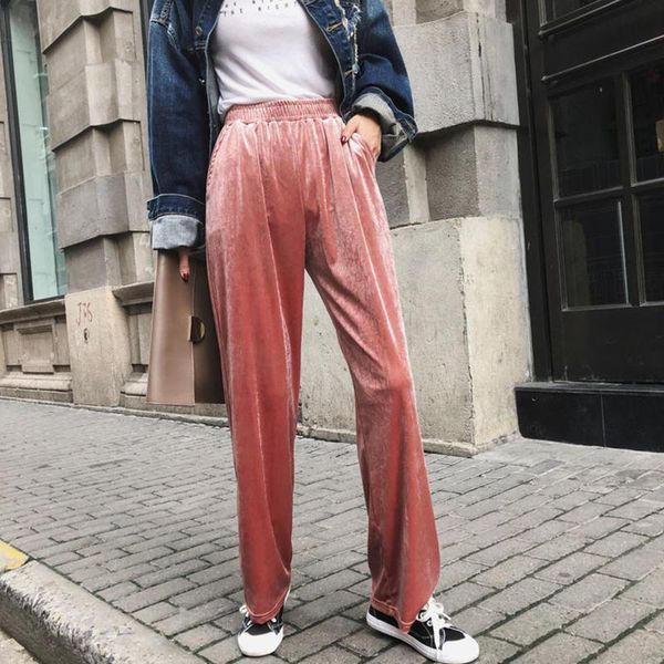 

women's pants & capris women solid colour simple all-match full length trousers leisure loose pleuche soft wide leg pant womens elegant, Black;white