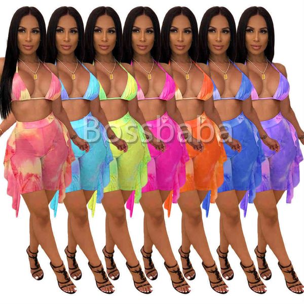 

designer womens two pieces pants set mesh swimsuit tie dye print swimwear flounced push up three piece bra halter shorts bikini suit, White