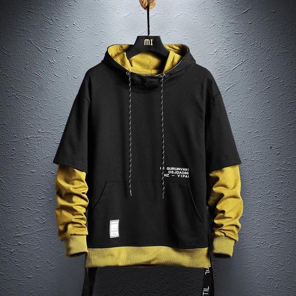 

streetwear patchwork hoodie sweatshirt men hip hop color block pullover hoodies casual fashion clothes male men's & sweatshirts, Black