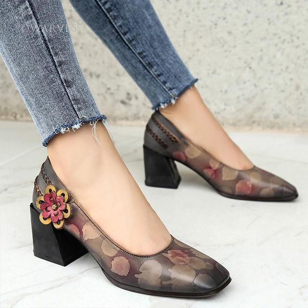 

dress shoes handmade genuine leather retro square toe heels pumps women block slip on office with flowers, Black