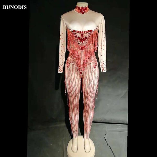 

women's jumpsuits & rompers zd391 women red tassel jumpsuit big glass sparkling crystals bodysuit nightclub party stage wear dancer sin, Black;white