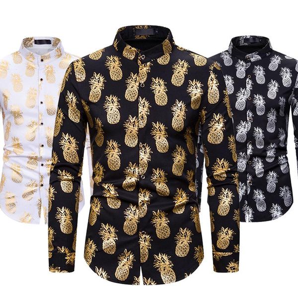 

men's casual shirts luclesam men pineapple bronzing dress shirt mens fashion print blouse disco stage costumes, White;black