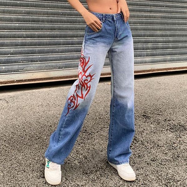 

women's jeans 2021 summer womens loose retro print wide leg denim trousers street 90s aesthetic korean version of low waist overalls, Blue