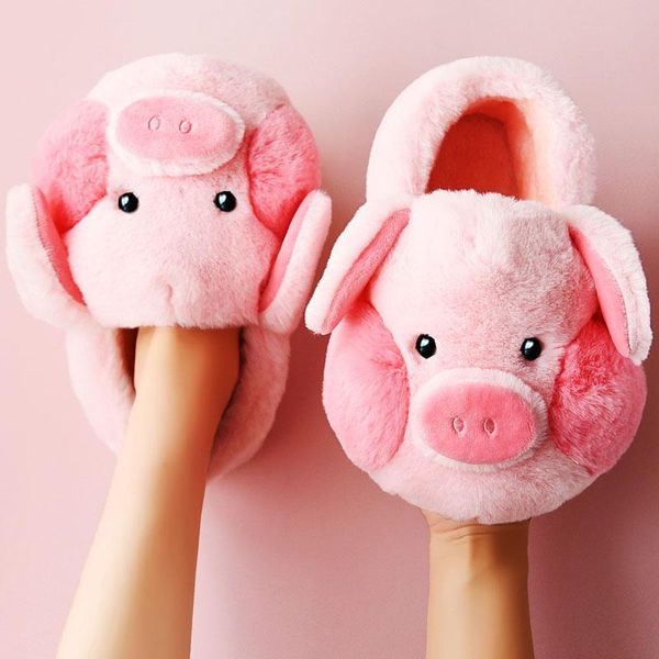 

slippers 2021 cute cartoon pig warm thick plush shoes couples home indoor non-slip furry slides women winter cotton soft, Black