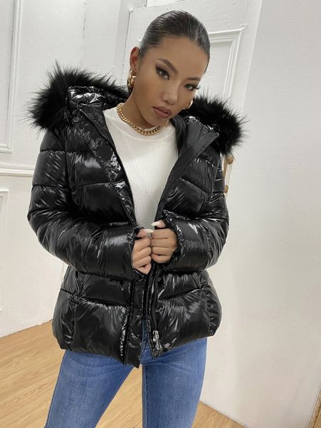 

fuzzy hooded puffer coat l8cw#, Black