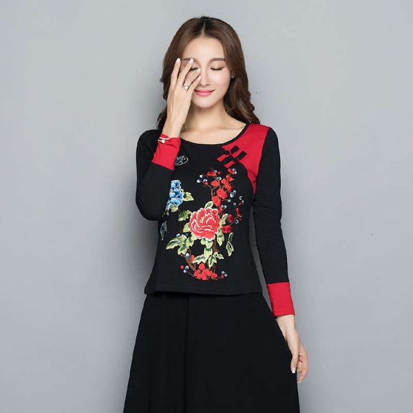 

national 8368 casual dresses style autumn wear contrast color plate button embroidery flower long sleeve women's t-shirt large size blo, Black;gray