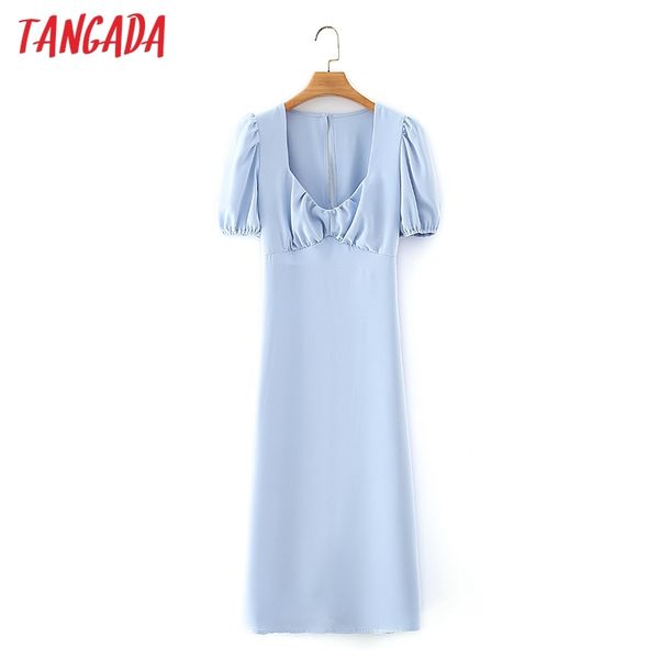 

summer women blue french style backless puff short sleeve ladies midi dress vestidos 2m131 210416, Black;gray