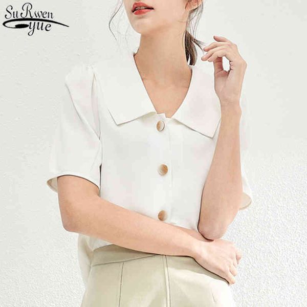 

summer french vintage woman's blouses solid loose short sleeve chiffon blouse slim single-breasted female 10287 210427, White