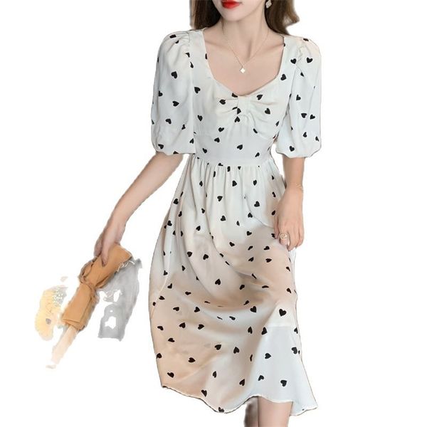 

retro printed polka dot square neck high waist chiffon fashion dress women retro french long skirt summer 210520, Black;gray