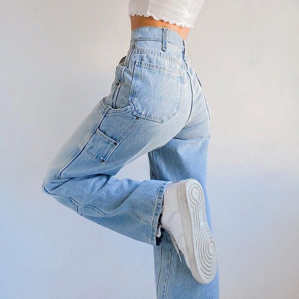 

women's jeans blue women high waist straight streetwear denim trouser vintage pockect baggy cargo pants 2021 autumn casual