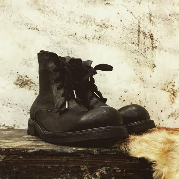 

boots up lace handmade vintage ankle men winter high-platform sneakers classic genuine leather work shoes motorcycle, Black