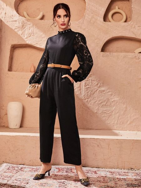 

mock neck guipure lace insert jumpsuit without belt y4bs#, White