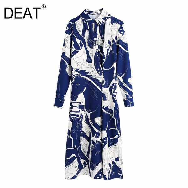 

casual dresses [deat] 2021 spring fashion women turn-down collar high waist ankle-length single-breasted long sleeve printing dress 13w100, Black;gray