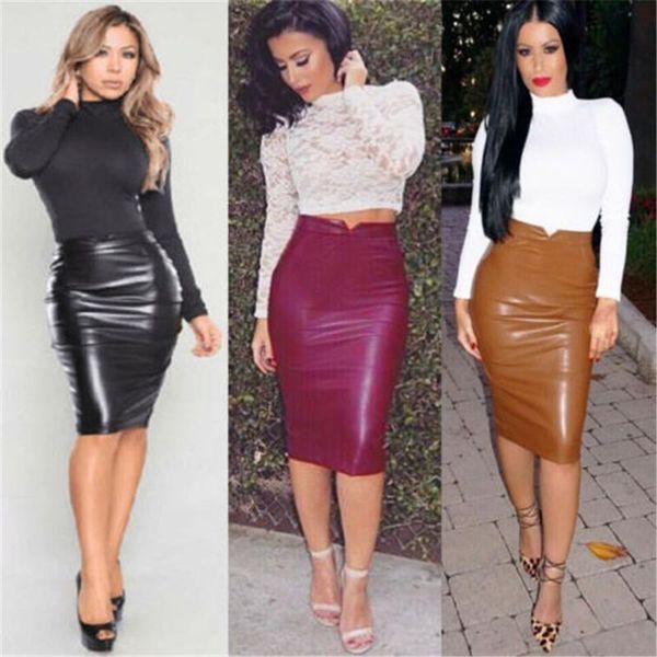 

skirts 2021 pu leather ladies women mini pencil high waist tube skirt, Black