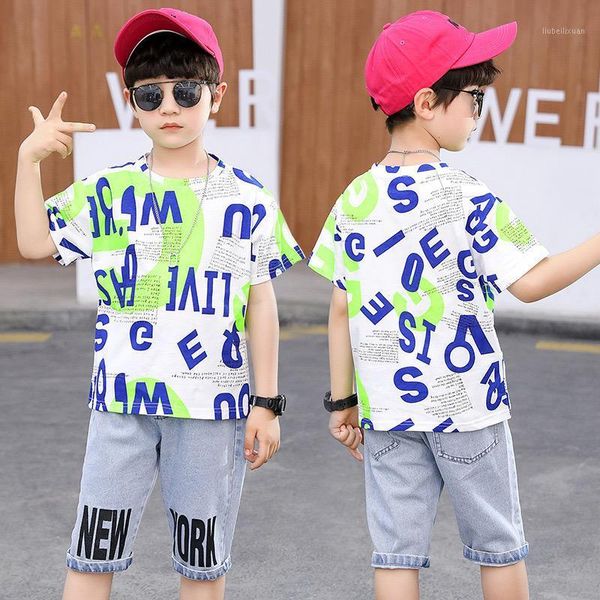 

clothing sets children's boy 2021 summer korean casual thin letter fashion printed short-sleeved jeans two-piece suit bt1661, White