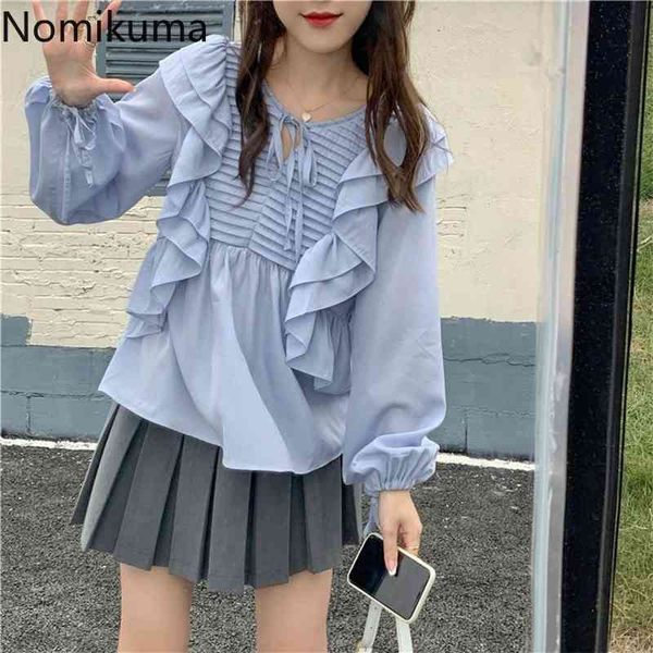 

nomikuma ruffle patchwork blue blouse women o neck lace up long sleeve arrival korean style elegant shirts blusas mujer 210514, White
