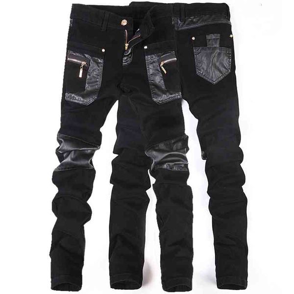 

men's jeans autumn and winter pants slim korean men's trousers tight slimming nightclub fight leather px58, Blue