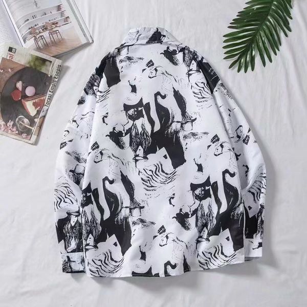 

men autumn new long sleeved shirt youth casual loose fashion male printing shirts hip hop _yw_rw, White;black