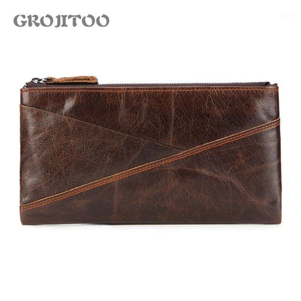 

men clutch bags large capacity wallet long genuine leather hand bag oil wax zipper for purse wallets1, Red;black