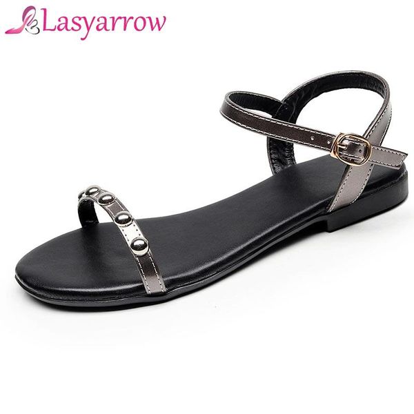 

lasyarrow leisure flip flops sandals flat with rivet solid buckle strap shoes women beach f74, Black