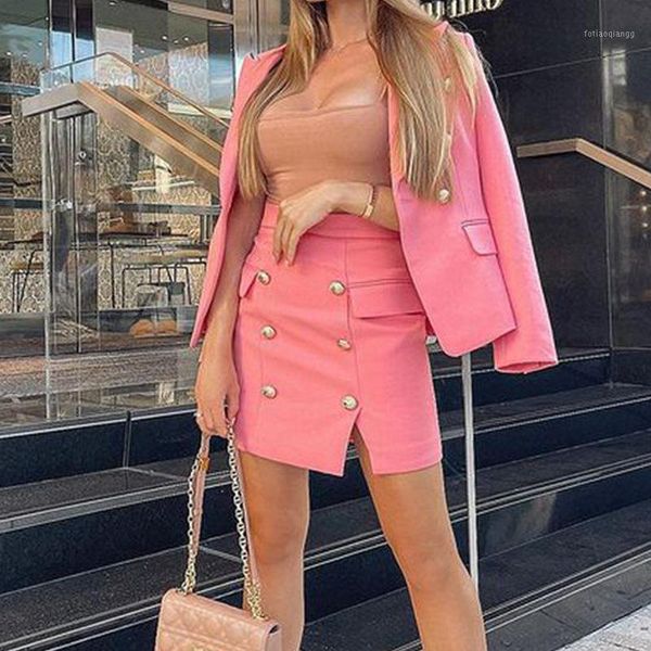 

women's tracksuits ladies fashion suit solid color double-breasted jacket skirt high waist split workwear daily commuter 2021, Gray